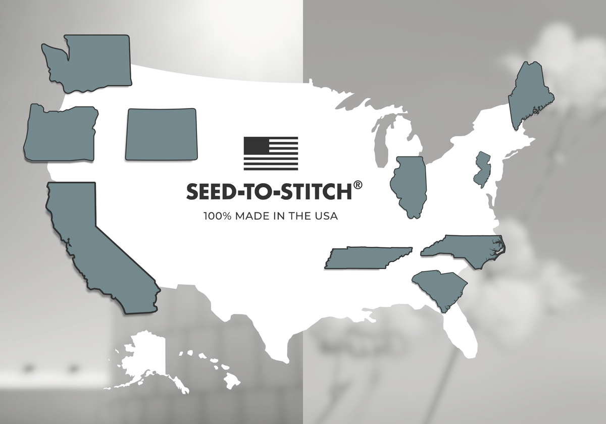 Map of the United States overlayed over an image of a building and an image of cotton. All states are white, except for Washington, Oregon, Colorado, California, Tennessee, Illinois, North Carolina, South Carolina, New Jersey, and Maine, which are all blue. The map also reads "Seed-to-Stitch® 100% Made in the USA".