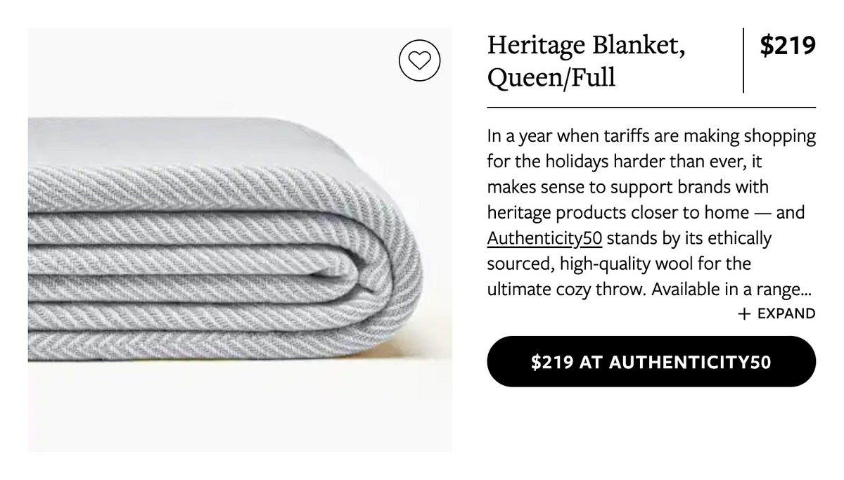 Heritage blanket with product details on a white background